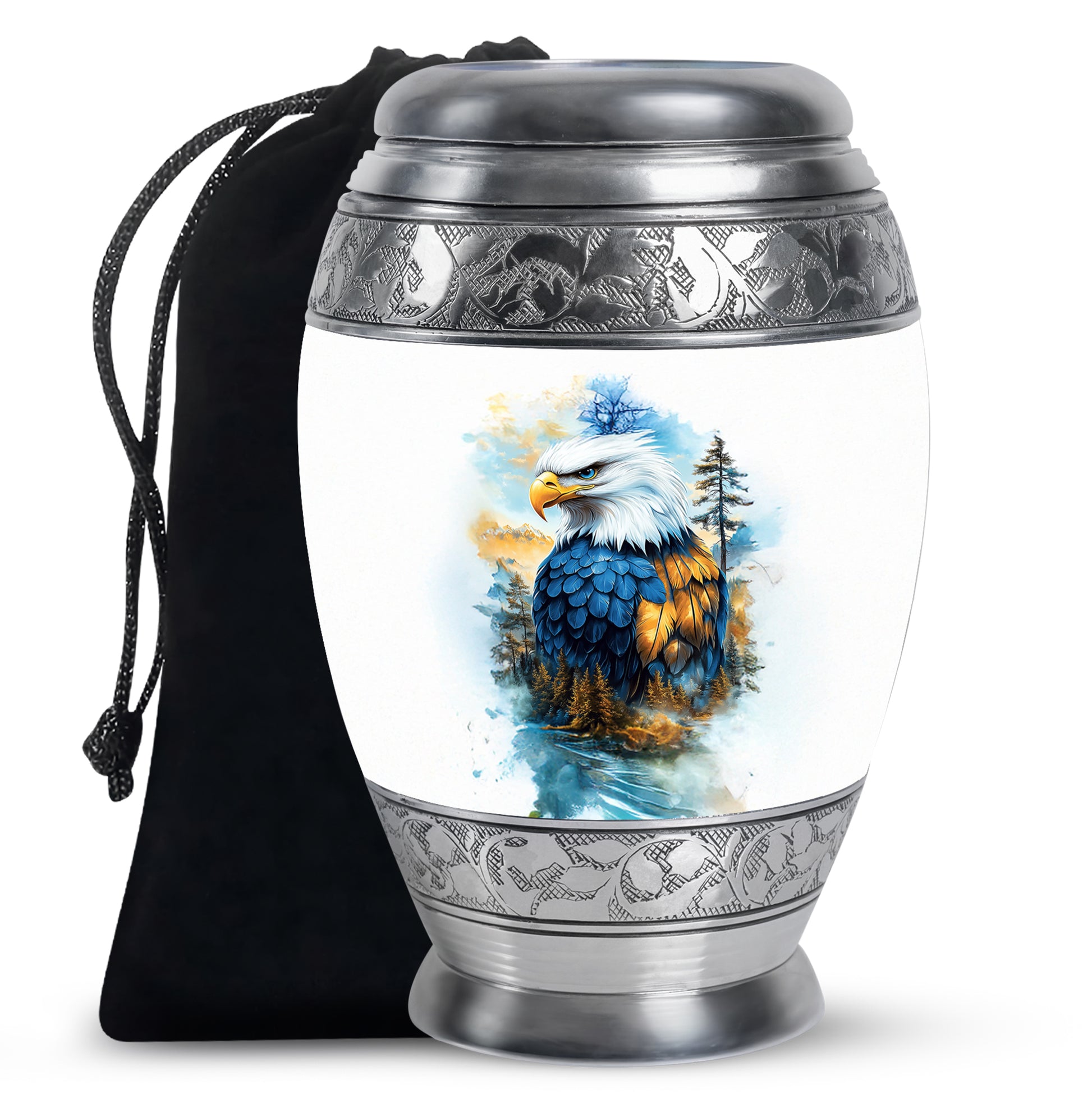 Chrome Silver Eagle Cremation Urn back view with polished surface - majestic eagle pattern with filigree border - full-size 10 inch 200 cubic inch adult cremation urn