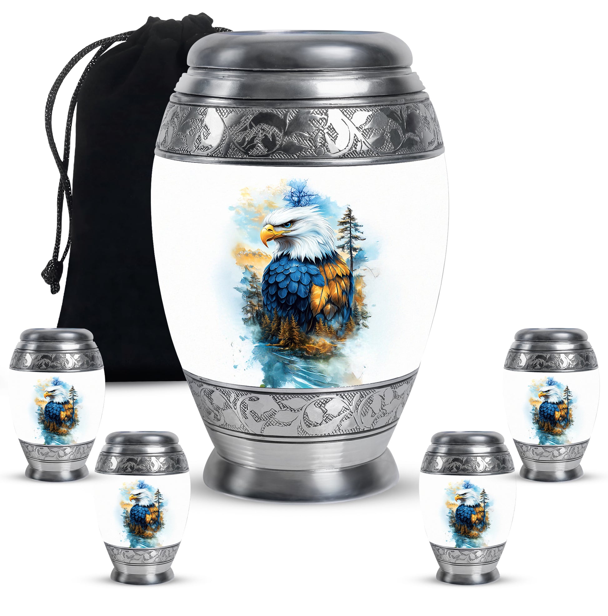 Satin Silver Eagle Cremation Urn detail view - ornate monarch-style eagle relief on brushed aluminum - memorial set with one large and four small urns