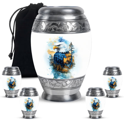 Satin Silver Eagle Cremation Urn detail view - ornate monarch-style eagle relief on brushed aluminum - memorial set with one large and four small urns