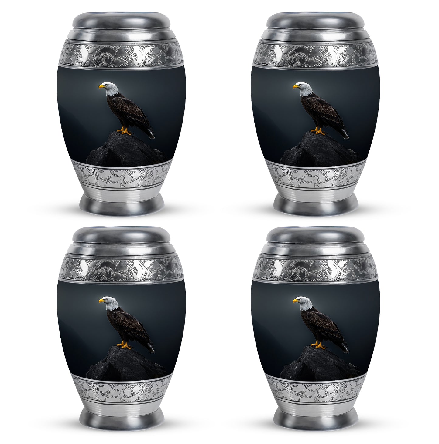 Serene Blue Eagle Cremation Urn urn with complimentary velvet bag - majestic eagle pattern with filigree border - 10 inch aluminum urn for cremated remains