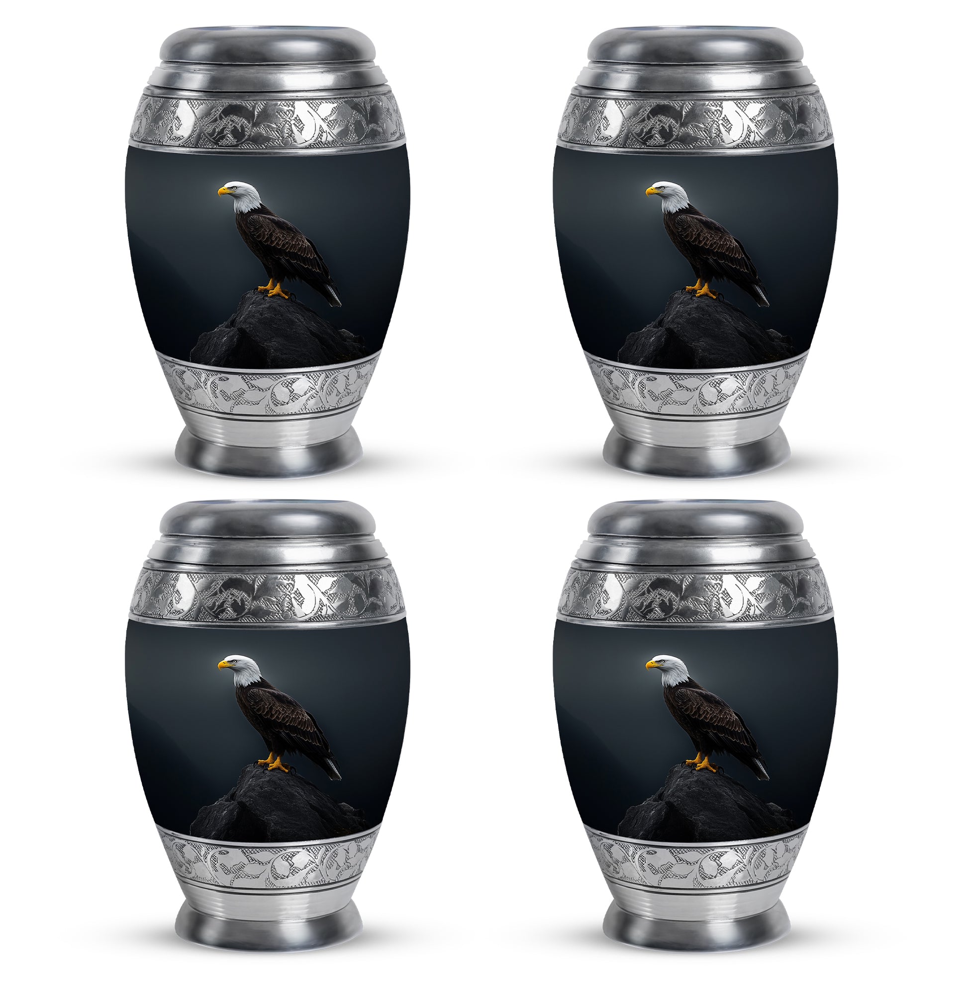 Serene Blue Eagle Cremation Urn urn with complimentary velvet bag - majestic eagle pattern with filigree border - 10 inch aluminum urn for cremated remains