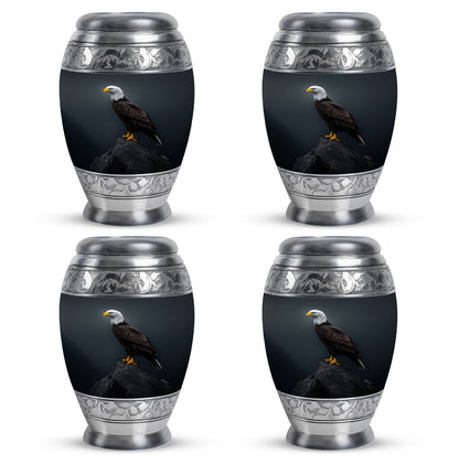 Serene Blue Eagle Cremation Urn urn with complimentary velvet bag - majestic eagle pattern with filigree border - 10 inch aluminum urn for cremated remains