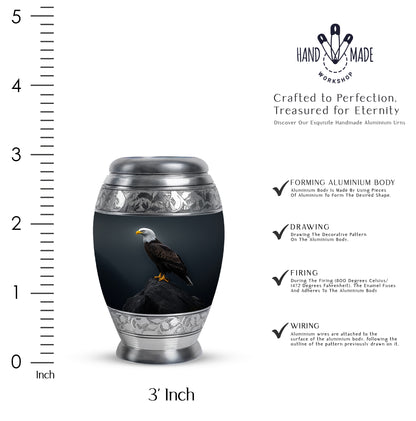 Sapphire Blue Eagle Cremation Urn lifestyle display on memorial shelf - majestic eagle pattern with filigree border - mini keepsake memorial for portion of cremation ashes