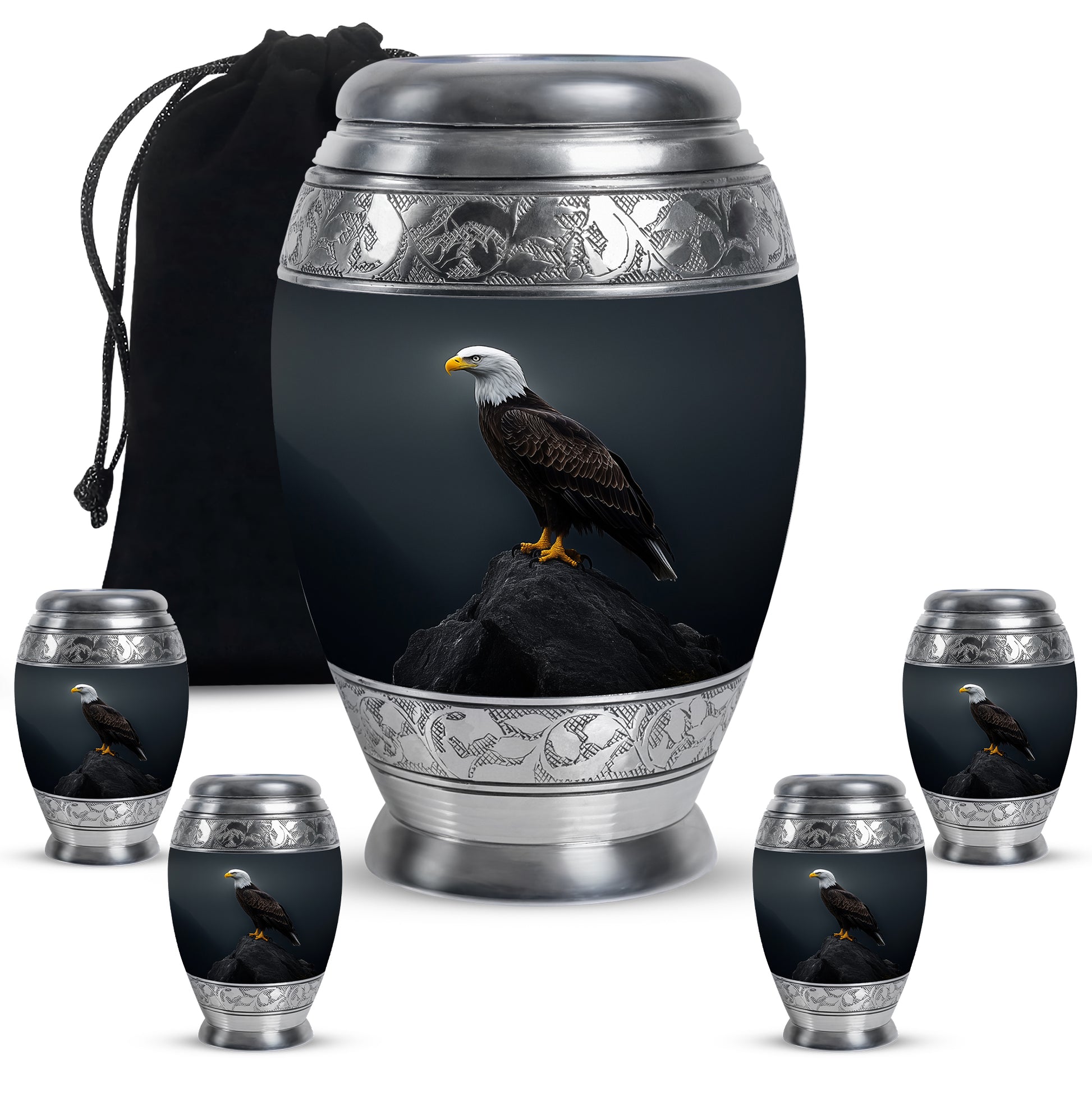 Slate Blue Eagle Cremation Urn detail view - regal eagle design with crown-inspired accents - memorial set with one large and four small urns
