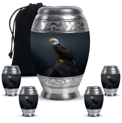 Slate Blue Eagle Cremation Urn detail view - regal eagle design with crown-inspired accents - memorial set with one large and four small urns