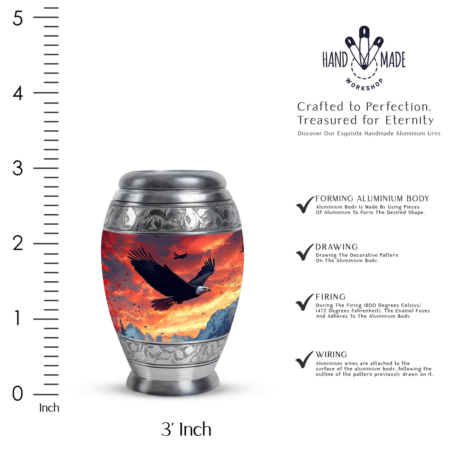 Calming Blue Eagle Cremation Urn lifestyle display on memorial shelf - royal eagle engraving with decorative scrollwork - mini keepsake memorial for portion of cremation ashes