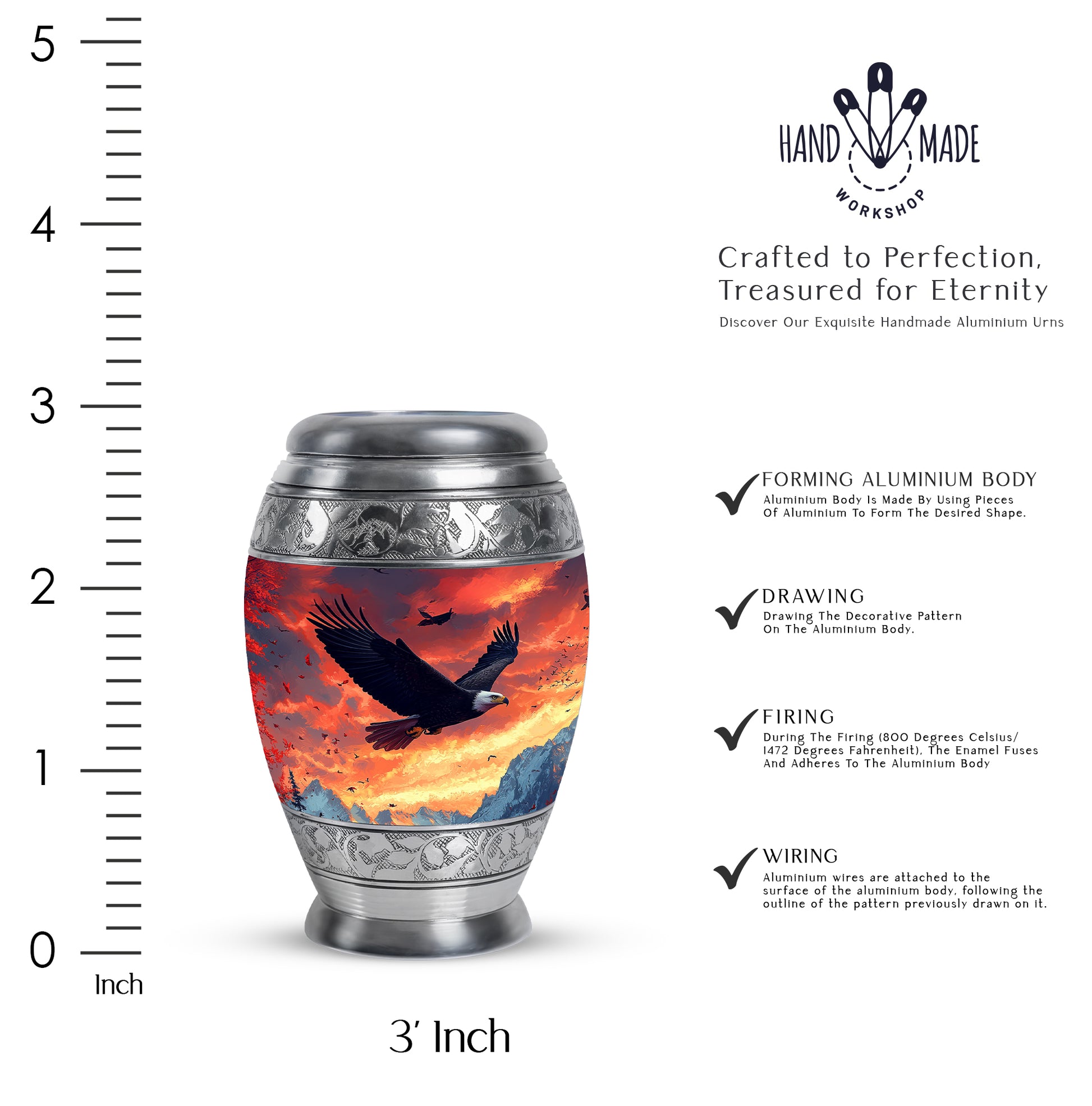 Calming Blue Eagle Cremation Urn lifestyle display on memorial shelf - royal eagle engraving with decorative scrollwork - mini keepsake memorial for portion of cremation ashes