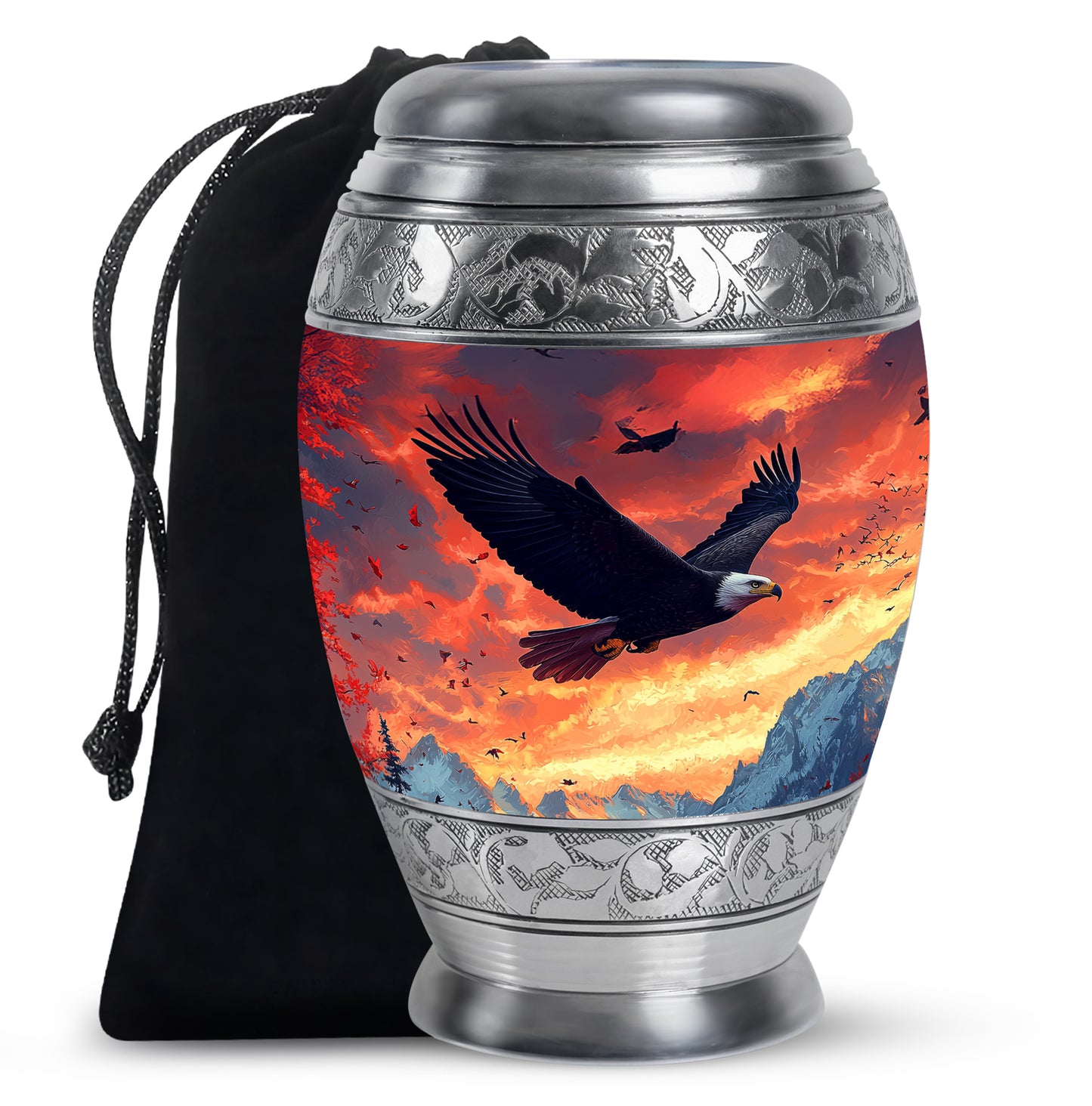 Celestial Blue Eagle Cremation Urn back view with polished surface - ornate monarch-style eagle relief on brushed aluminum - full-size 10 inch 200 cubic inch adult cremation urn