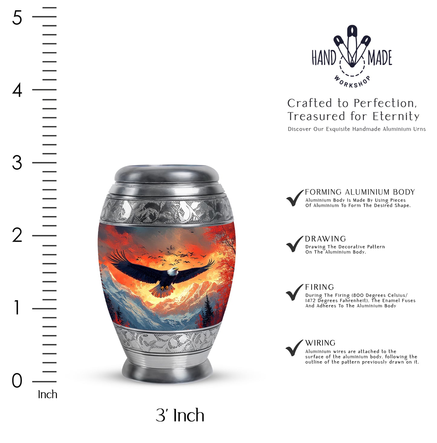 Twilight Blue Eagle Cremation Urn lifestyle display on memorial shelf - majestic eagle pattern with filigree border - mini keepsake memorial for portion of cremation ashes
