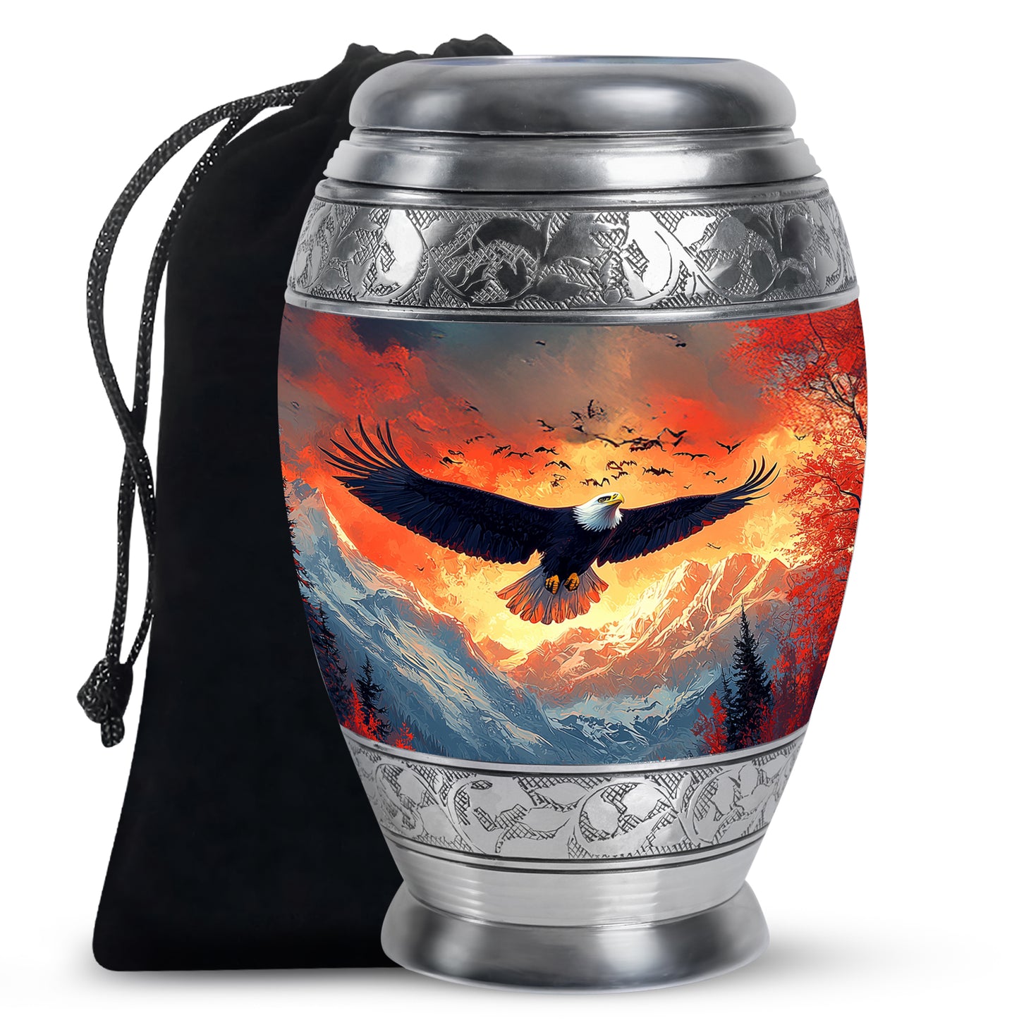 Sky Blue Eagle Cremation Urn back view with polished surface - ornate monarch-style eagle relief on brushed aluminum - full-size 10 inch 200 cubic inch adult cremation urn
