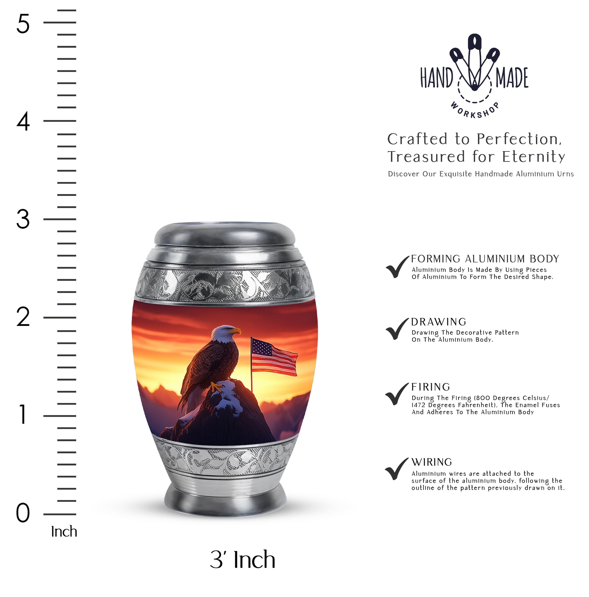 Scarlet Red Eagle Cremation Urn lifestyle display on memorial shelf - royal eagle engraving with decorative scrollwork - mini keepsake memorial for portion of cremation ashes