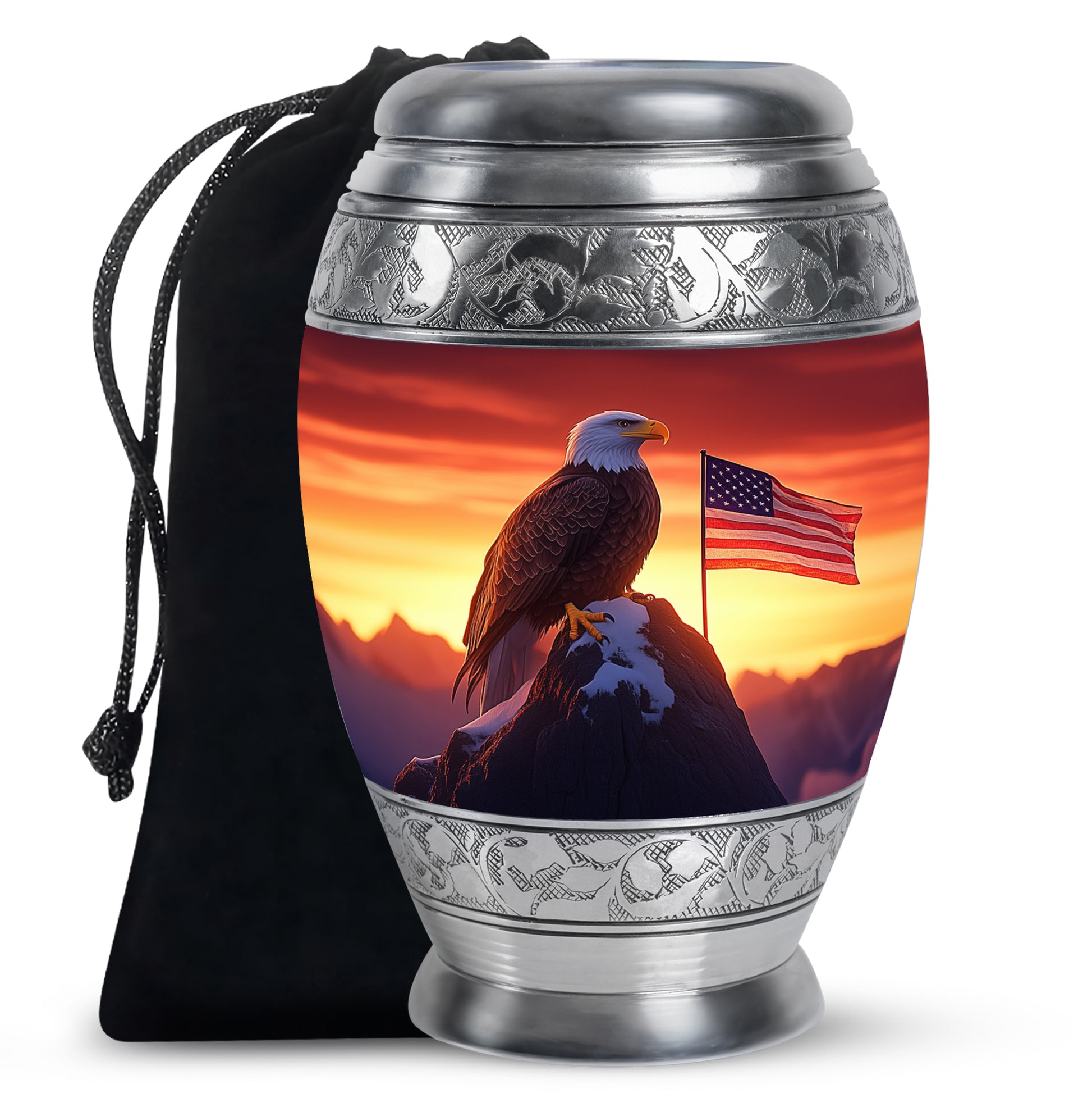Deep Red Eagle Cremation Urn back view with polished surface - regal eagle design with crown-inspired accents - full-size 10 inch 200 cubic inch adult cremation urn