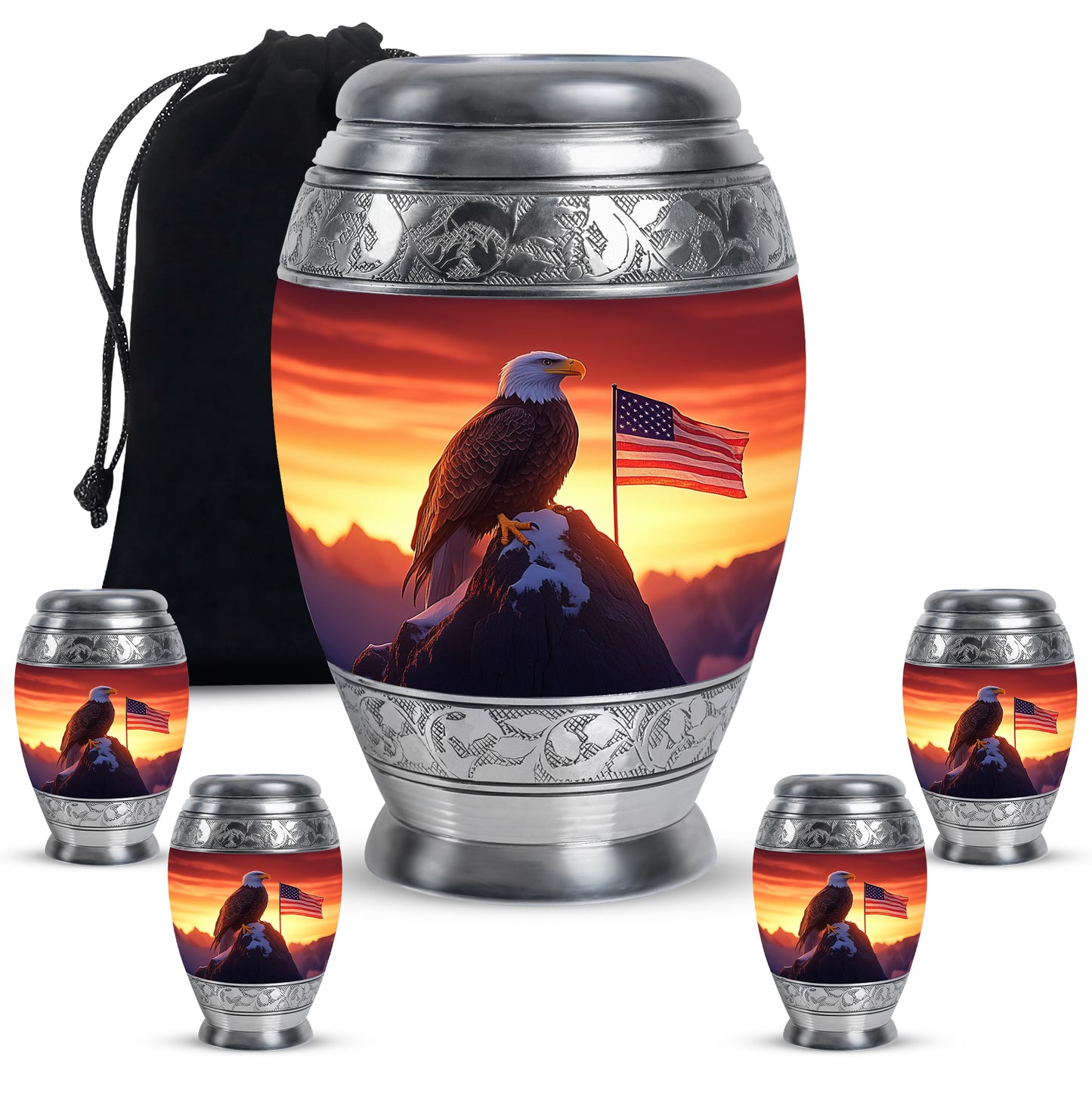 Rich Red Eagle Cremation Urn detail view - royal eagle engraving with decorative scrollwork - memorial set with one large and four small urns