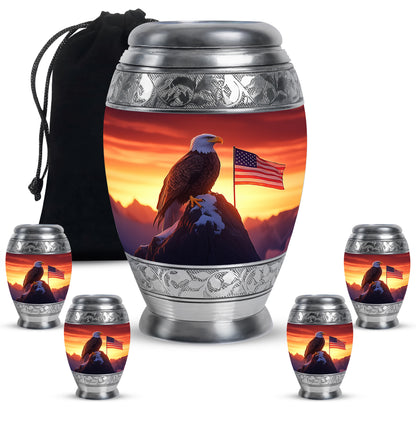 Rich Red Eagle Cremation Urn detail view - royal eagle engraving with decorative scrollwork - memorial set with one large and four small urns