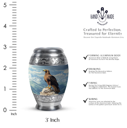 Powder Blue Eagle Cremation Urn lifestyle display on memorial shelf - regal eagle design with crown-inspired accents - mini keepsake memorial for portion of cremation ashes