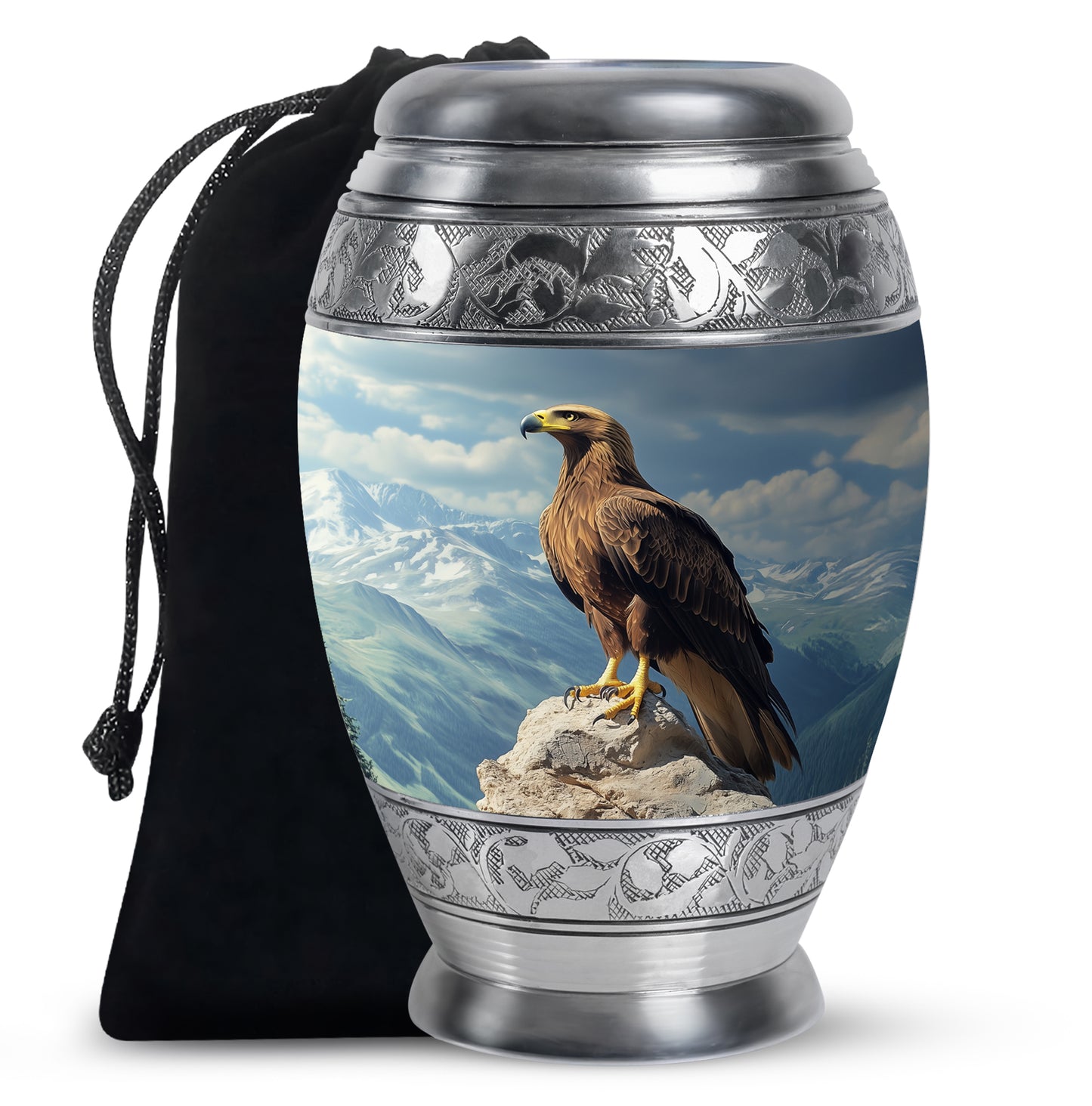 Cobalt Blue Eagle Cremation Urn back view with polished surface - royal eagle engraving with decorative scrollwork - full-size 10 inch 200 cubic inch adult cremation urn