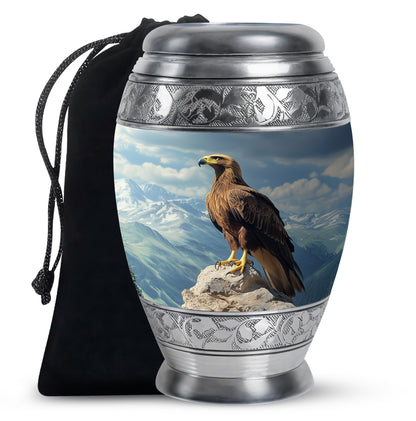 Cobalt Blue Eagle Cremation Urn back view with polished surface - royal eagle engraving with decorative scrollwork - full-size 10 inch 200 cubic inch adult cremation urn