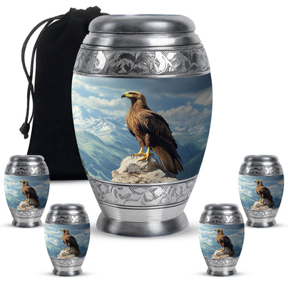 Pastel Blue Eagle Cremation Urn detail view - regal eagle design with crown-inspired accents - memorial set with one large and four small urns