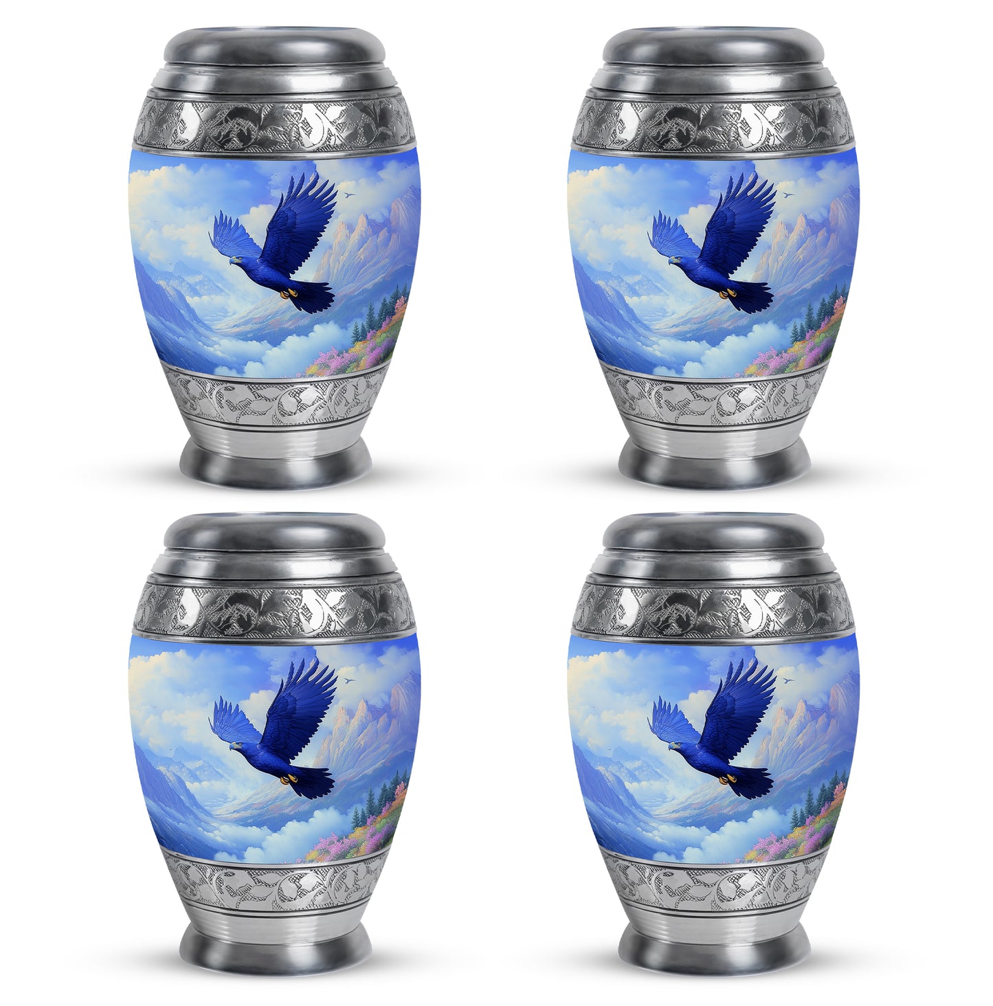 Cornflower Blue Eagle Cremation Urn urn with complimentary velvet bag - majestic eagle pattern with filigree border - 10 inch aluminum urn for cremated remains