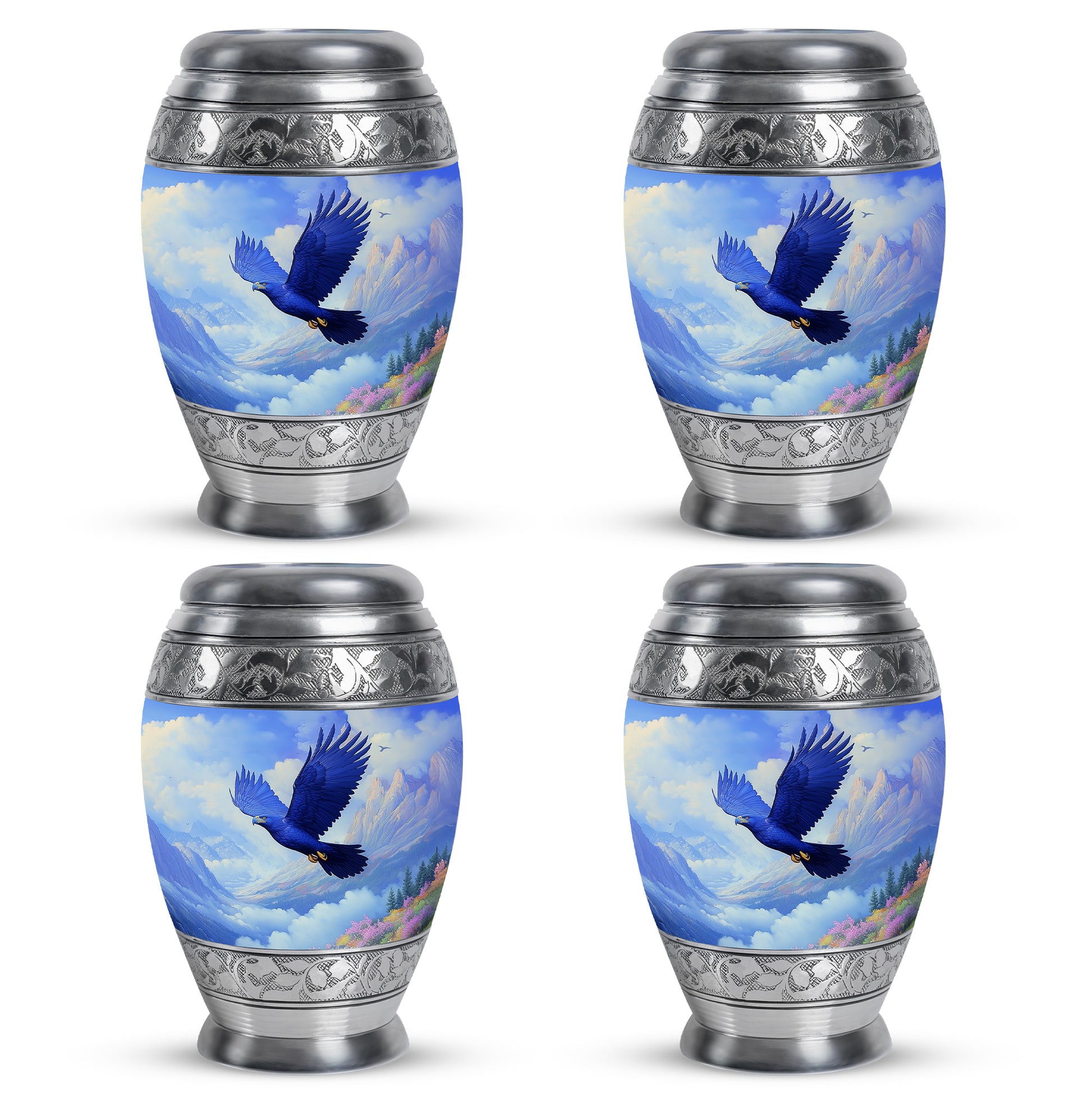 Cornflower Blue Eagle Cremation Urn urn with complimentary velvet bag - majestic eagle pattern with filigree border - 10 inch aluminum urn for cremated remains