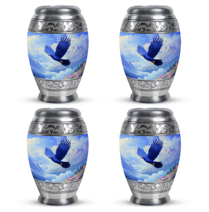 Cornflower Blue Eagle Cremation Urn urn with complimentary velvet bag - majestic eagle pattern with filigree border - 10 inch aluminum urn for cremated remains