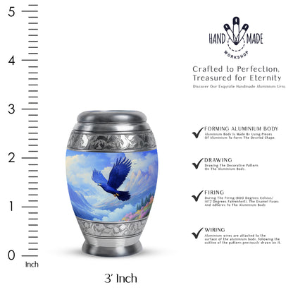Sapphire Blue Eagle Cremation Urn lifestyle display on memorial shelf - majestic eagle pattern with filigree border - mini keepsake memorial for portion of cremation ashes