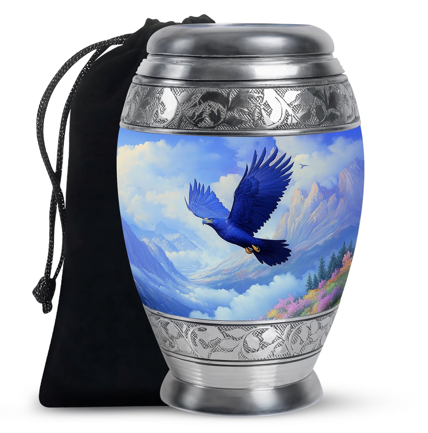Indigo Eagle Cremation Urn back view with polished surface - ornate monarch-style eagle relief on brushed aluminum - full-size 10 inch 200 cubic inch adult cremation urn