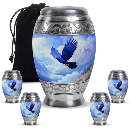 Cobalt Blue Eagle Cremation Urn detail view - royal eagle engraving with decorative scrollwork - memorial set with one large and four small urns