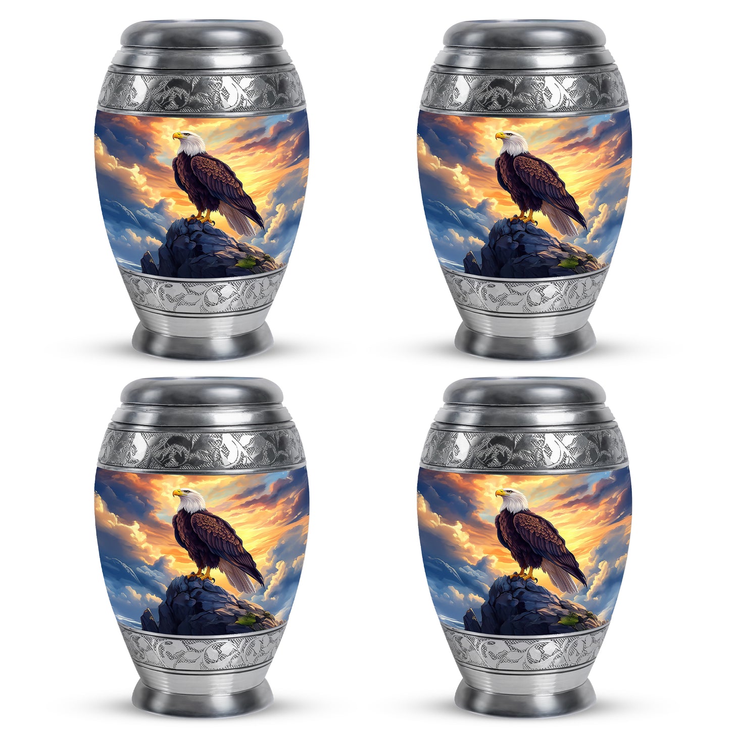 Powder Blue Eagle Cremation Urn urn with complimentary velvet bag - ornate monarch-style eagle relief on brushed aluminum - 10 inch aluminum urn for cremated remains