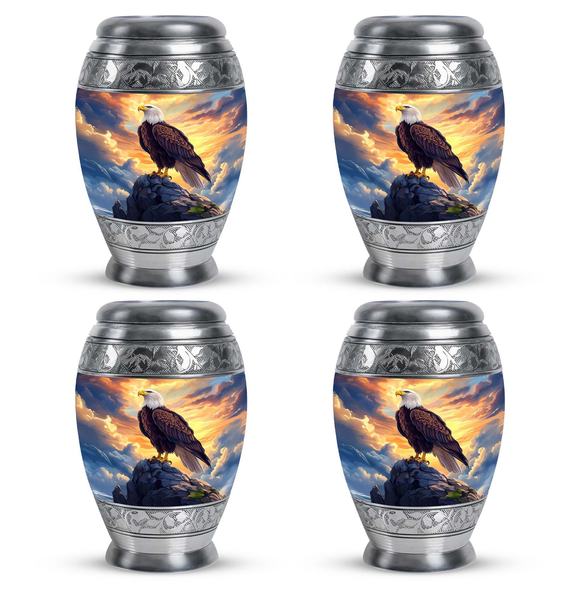 Powder Blue Eagle Cremation Urn urn with complimentary velvet bag - ornate monarch-style eagle relief on brushed aluminum - 10 inch aluminum urn for cremated remains
