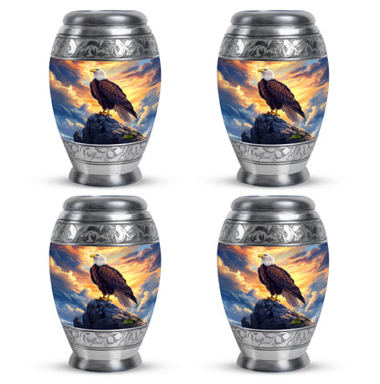 Powder Blue Eagle Cremation Urn urn with complimentary velvet bag - ornate monarch-style eagle relief on brushed aluminum - 10 inch aluminum urn for cremated remains