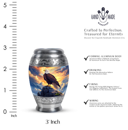 Celestial Blue Eagle Cremation Urn lifestyle display on memorial shelf - ornate monarch-style eagle relief on brushed aluminum - mini keepsake memorial for portion of cremation ashes