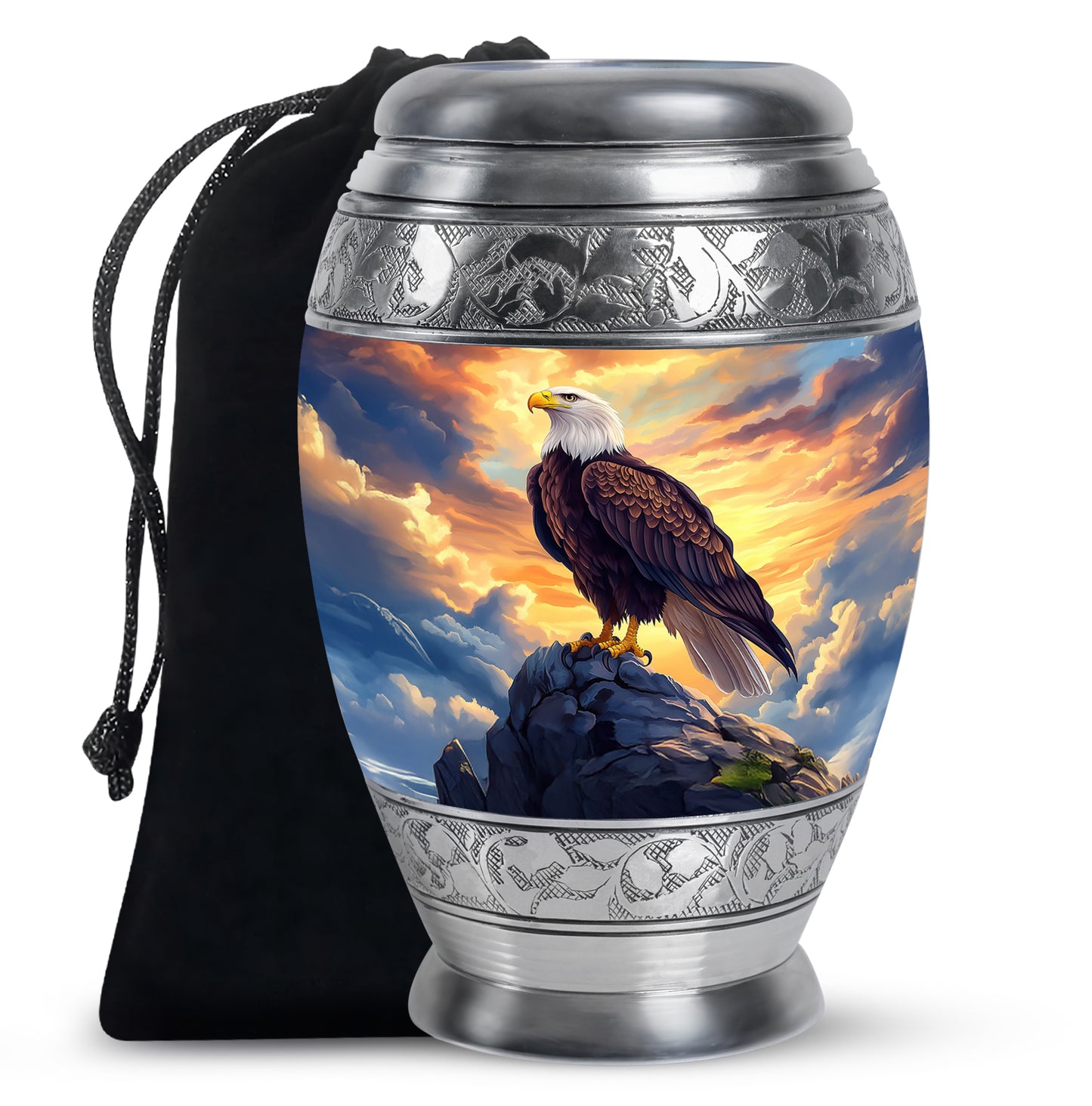 Celestial Blue Eagle Cremation Urn back view with polished surface - regal eagle design with crown-inspired accents - full-size 10 inch 200 cubic inch adult cremation urn