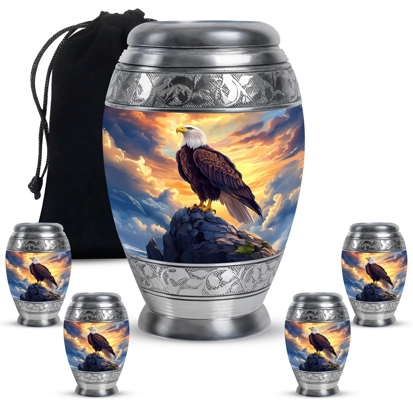 Sky Blue Eagle Cremation Urn detail view - ornate monarch-style eagle relief on brushed aluminum - memorial set with one large and four small urns