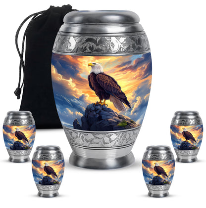 Sky Blue Eagle Cremation Urn detail view - ornate monarch-style eagle relief on brushed aluminum - memorial set with one large and four small urns