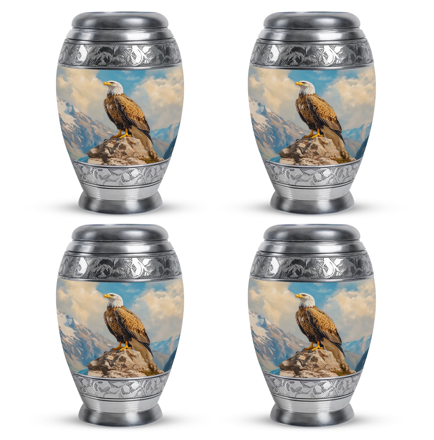 Cobalt Blue Eagle Cremation Urn urn with complimentary velvet bag - majestic eagle pattern with filigree border - 10 inch aluminum urn for cremated remains