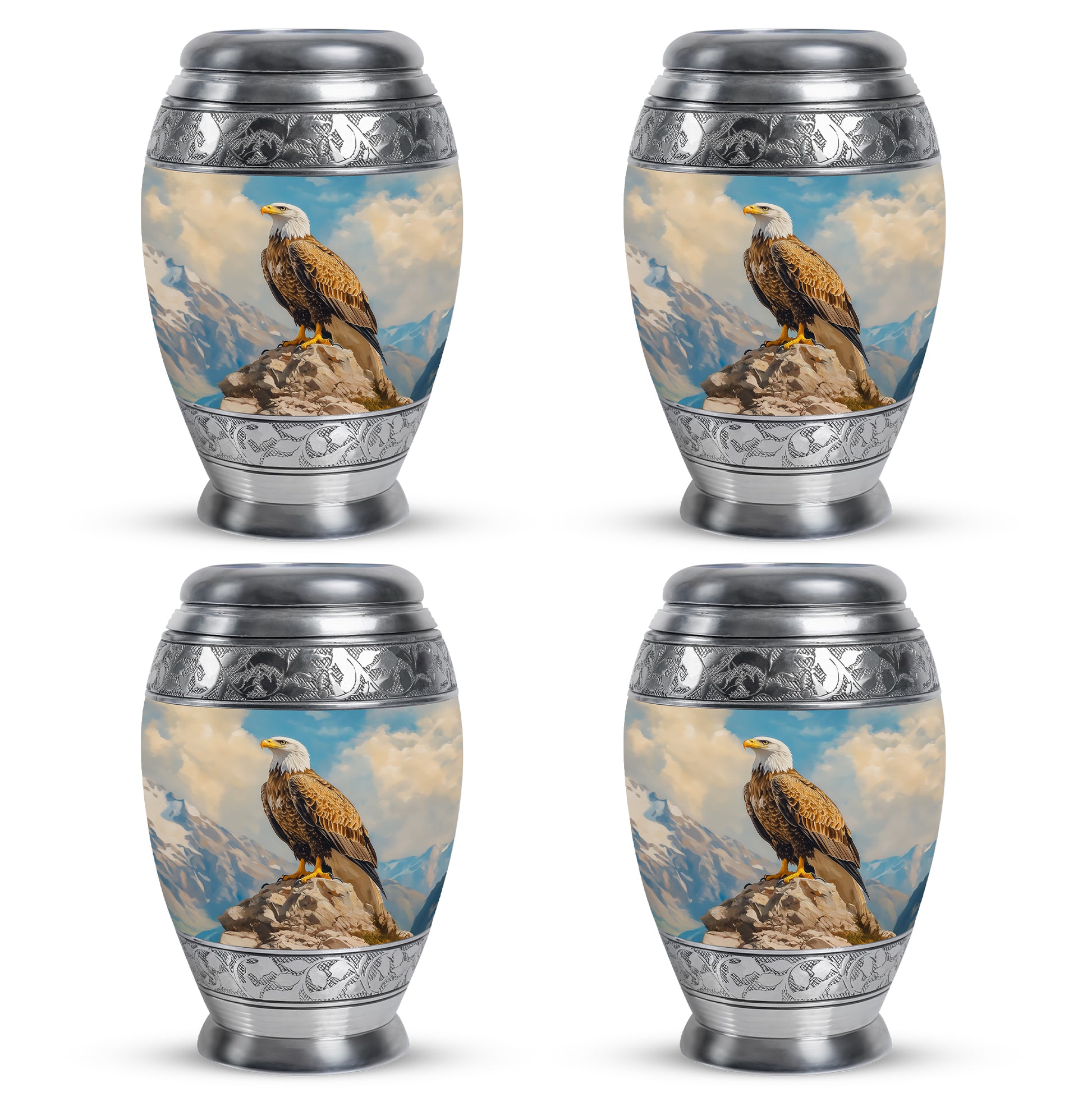 Cobalt Blue Eagle Cremation Urn urn with complimentary velvet bag - majestic eagle pattern with filigree border - 10 inch aluminum urn for cremated remains