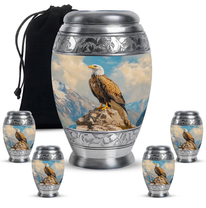 Misty Blue Eagle Cremation Urn detail view - ornate monarch-style eagle relief on brushed aluminum - memorial set with one large and four small urns