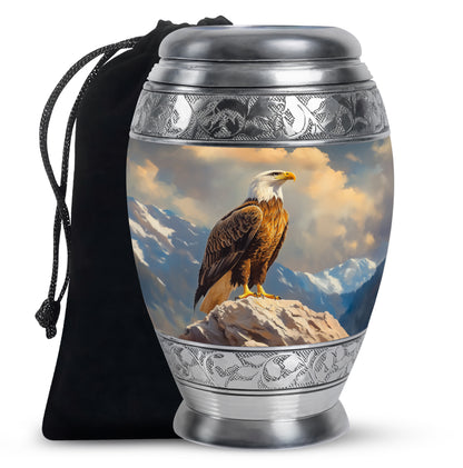 Bright Blue Eagle Cremation Urn back view with polished surface - majestic eagle pattern with filigree border - full-size 10 inch 200 cubic inch adult cremation urn