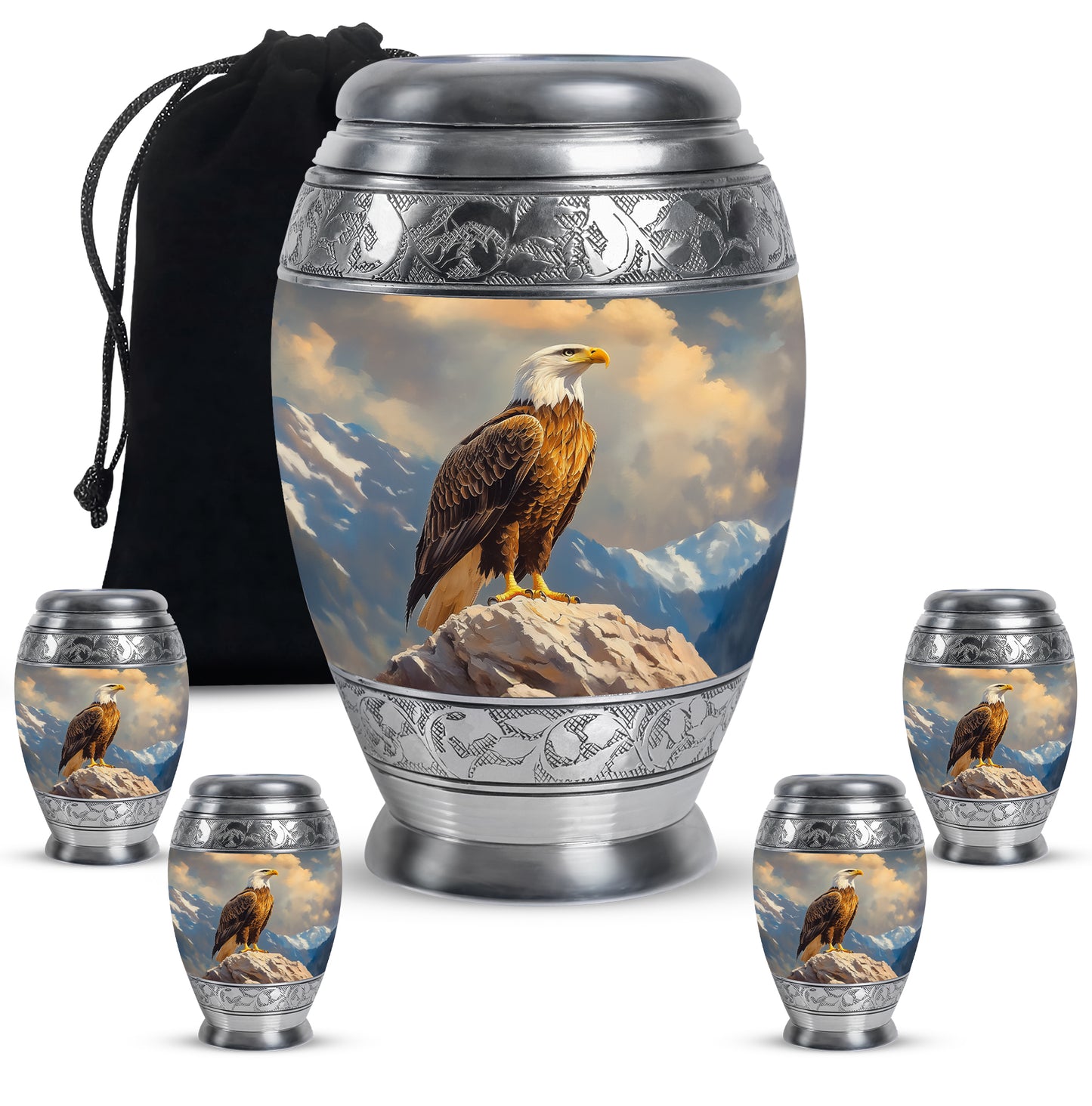 Vivid Blue Eagle Cremation Urn detail view - royal eagle engraving with decorative scrollwork - memorial set with one large and four small urns