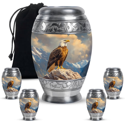 Vivid Blue Eagle Cremation Urn detail view - royal eagle engraving with decorative scrollwork - memorial set with one large and four small urns