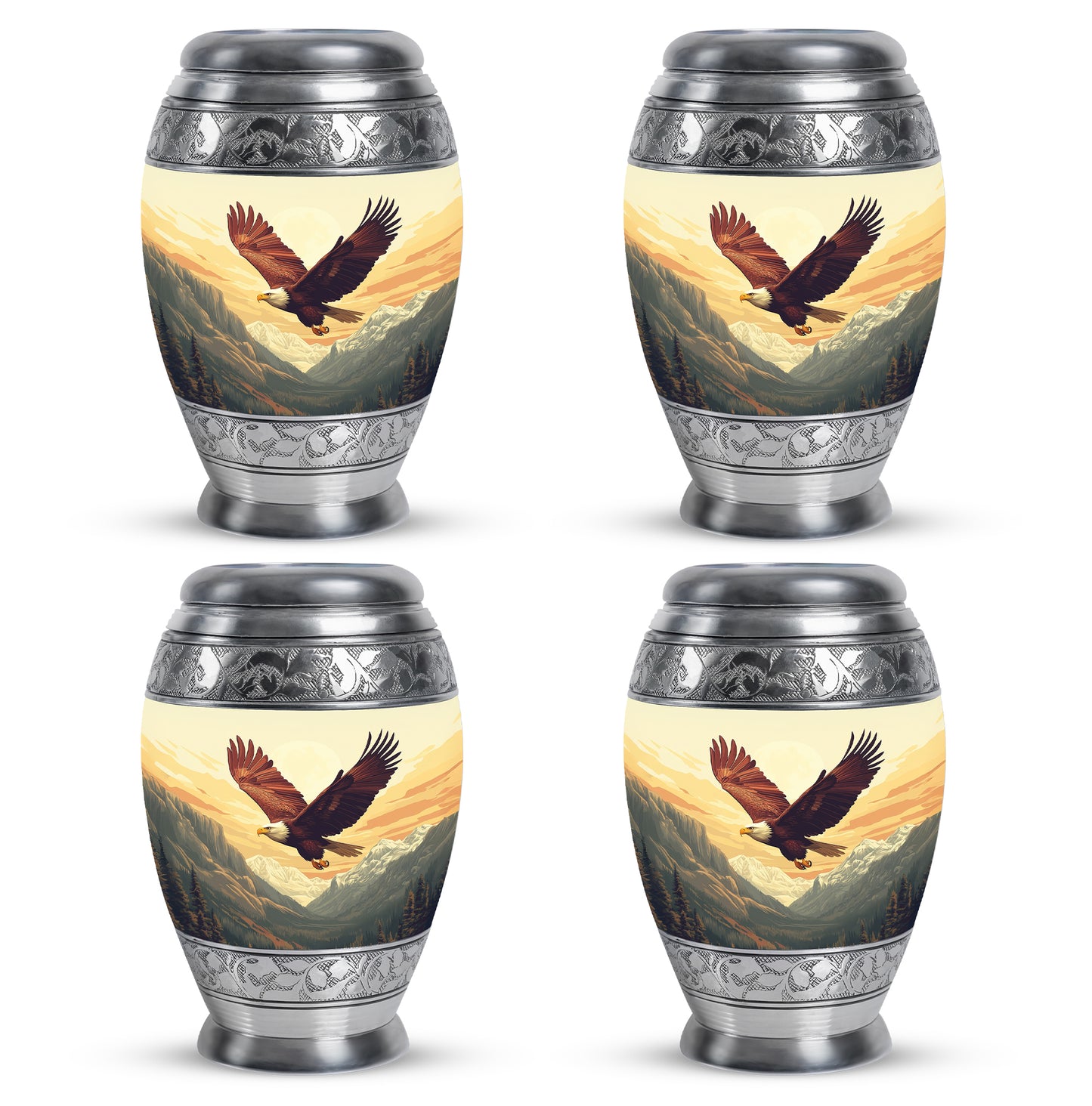 Amber Gold Eagle Cremation Urn urn with complimentary velvet bag - ornate monarch-style eagle relief on brushed aluminum - 10 inch aluminum urn for cremated remains
