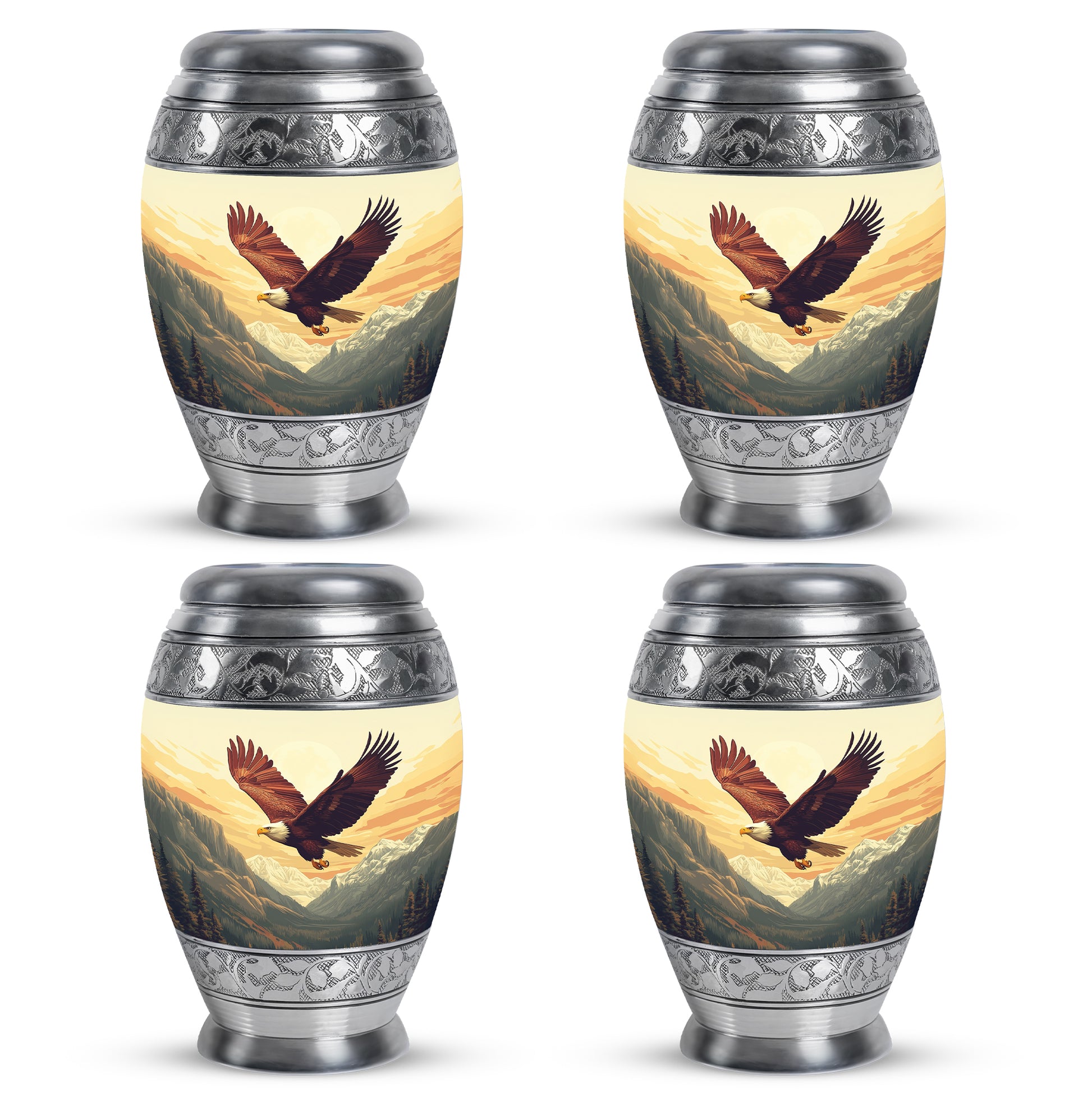 Amber Gold Eagle Cremation Urn urn with complimentary velvet bag - ornate monarch-style eagle relief on brushed aluminum - 10 inch aluminum urn for cremated remains