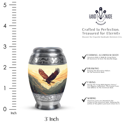 Harvest Gold Eagle Cremation Urn lifestyle display on memorial shelf - royal eagle engraving with decorative scrollwork - mini keepsake memorial for portion of cremation ashes