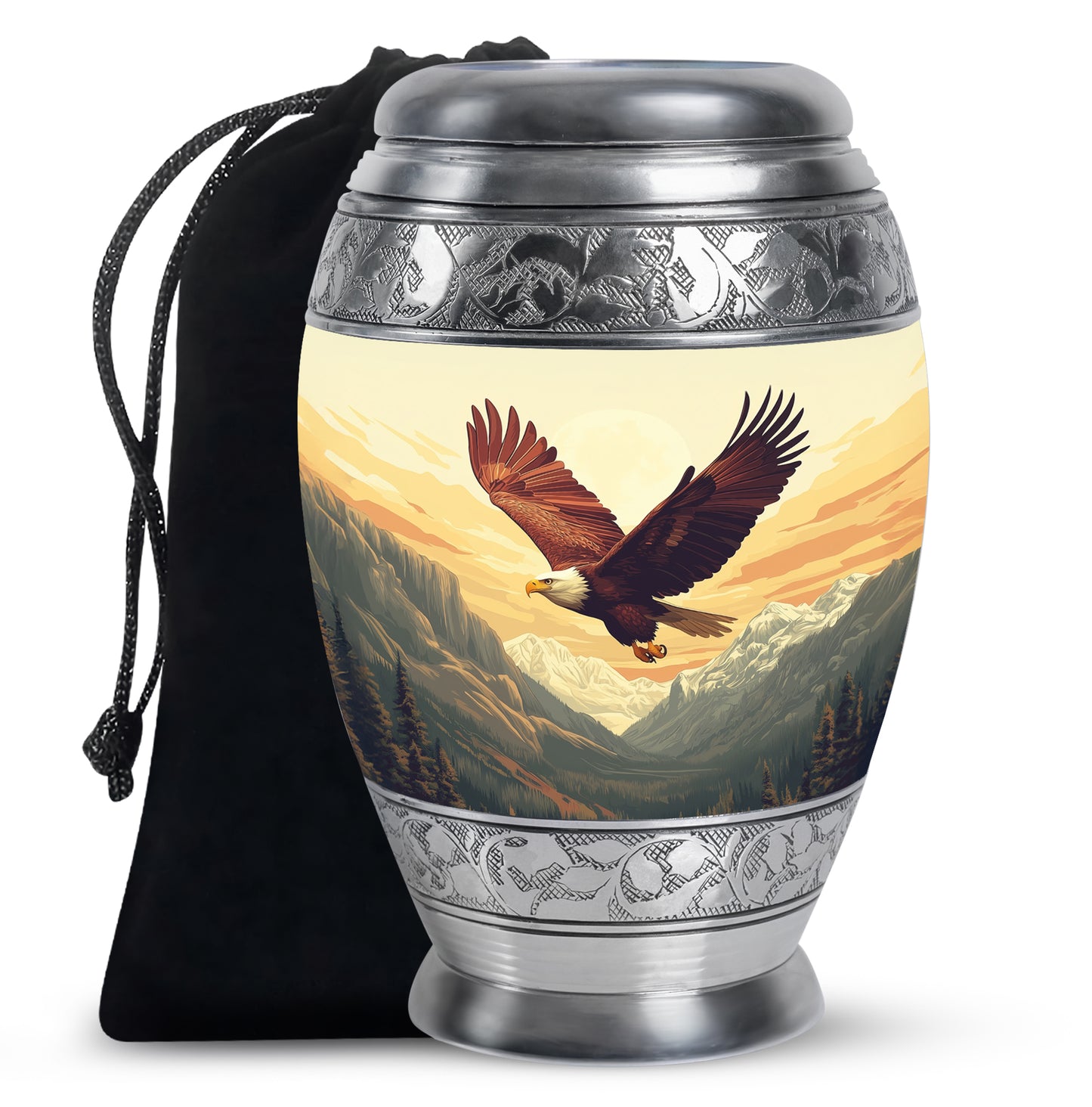 Antique Gold Eagle Cremation Urn back view with polished surface - ornate monarch-style eagle relief on brushed aluminum - full-size 10 inch 200 cubic inch adult cremation urn