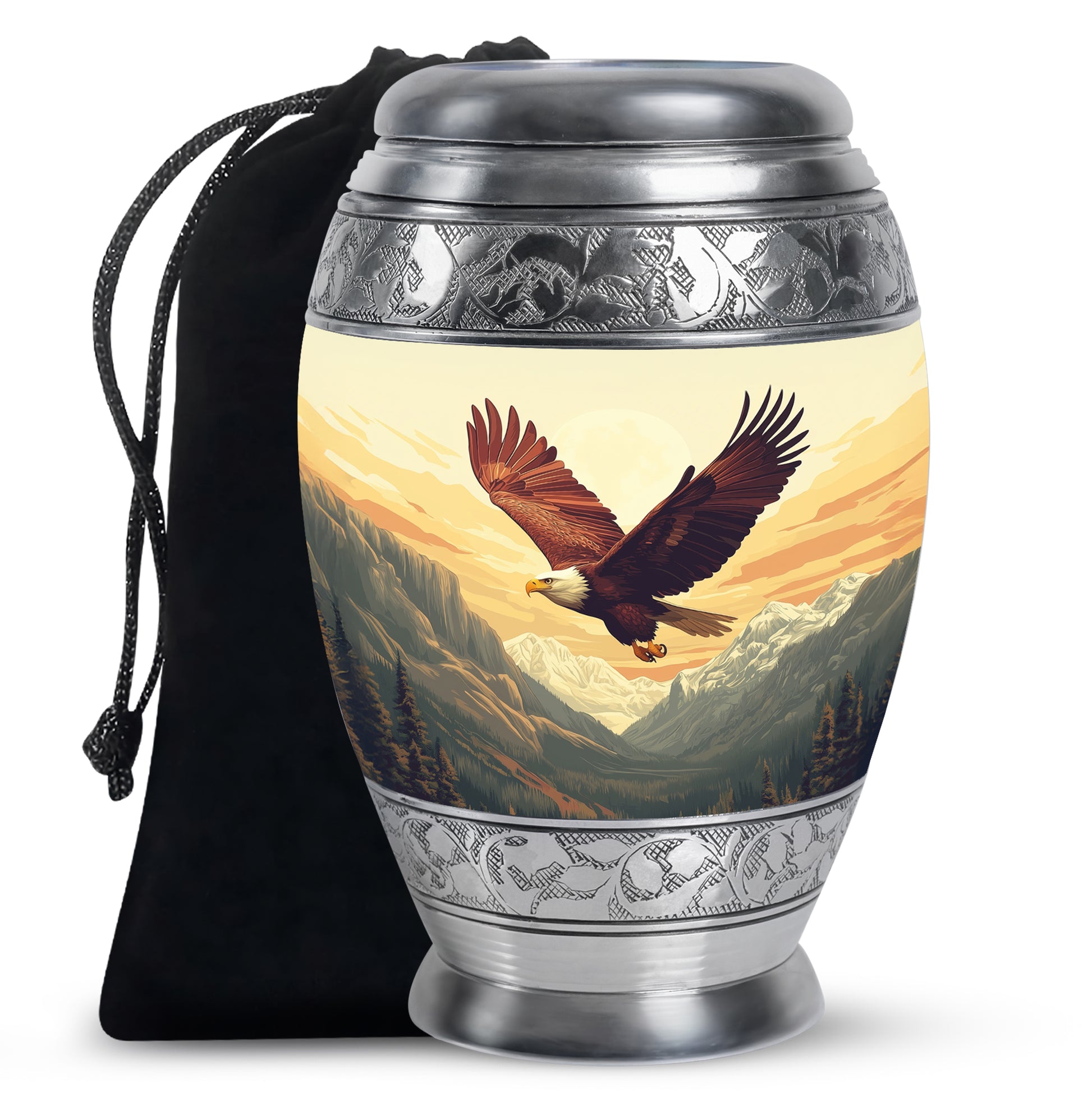 Antique Gold Eagle Cremation Urn back view with polished surface - ornate monarch-style eagle relief on brushed aluminum - full-size 10 inch 200 cubic inch adult cremation urn