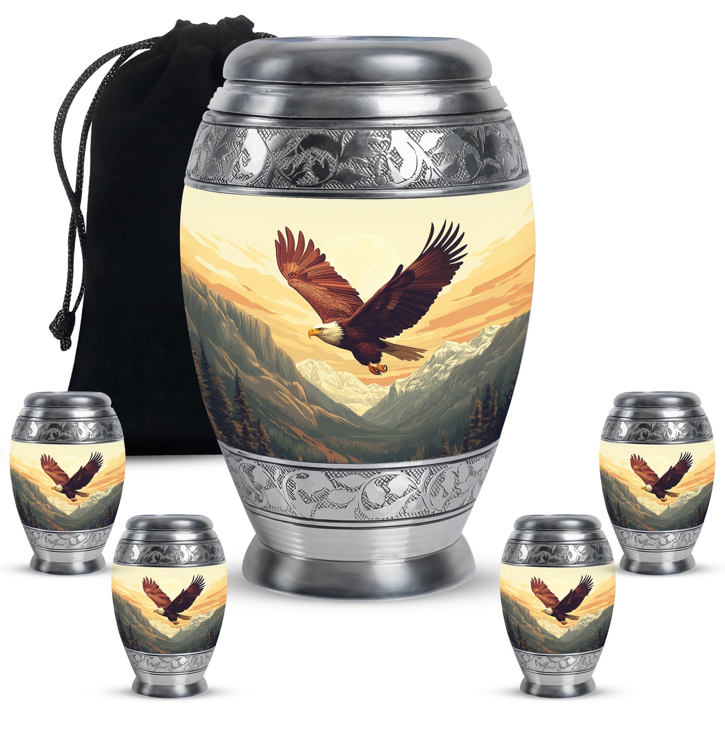 Warm Gold Eagle Cremation Urn detail view - royal eagle engraving with decorative scrollwork - memorial set with one large and four small urns