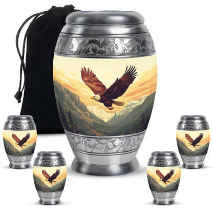 Warm Gold Eagle Cremation Urn detail view - royal eagle engraving with decorative scrollwork - memorial set with one large and four small urns