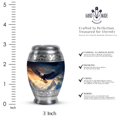 Pastel Blue Eagle Cremation Urn lifestyle display on memorial shelf - ornate monarch-style eagle relief on brushed aluminum - mini keepsake memorial for portion of cremation ashes