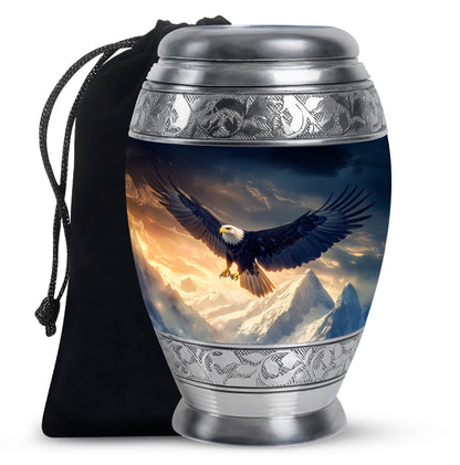 Cornflower Blue Eagle Cremation Urn back view with polished surface - royal eagle engraving with decorative scrollwork - full-size 10 inch 200 cubic inch adult cremation urn